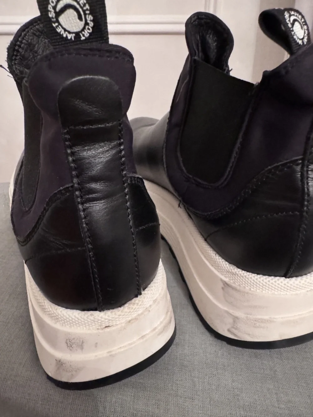 Janet Sport Black Leather Platform Chelsea Ankle Boots Size 37 US 6.5 Italy